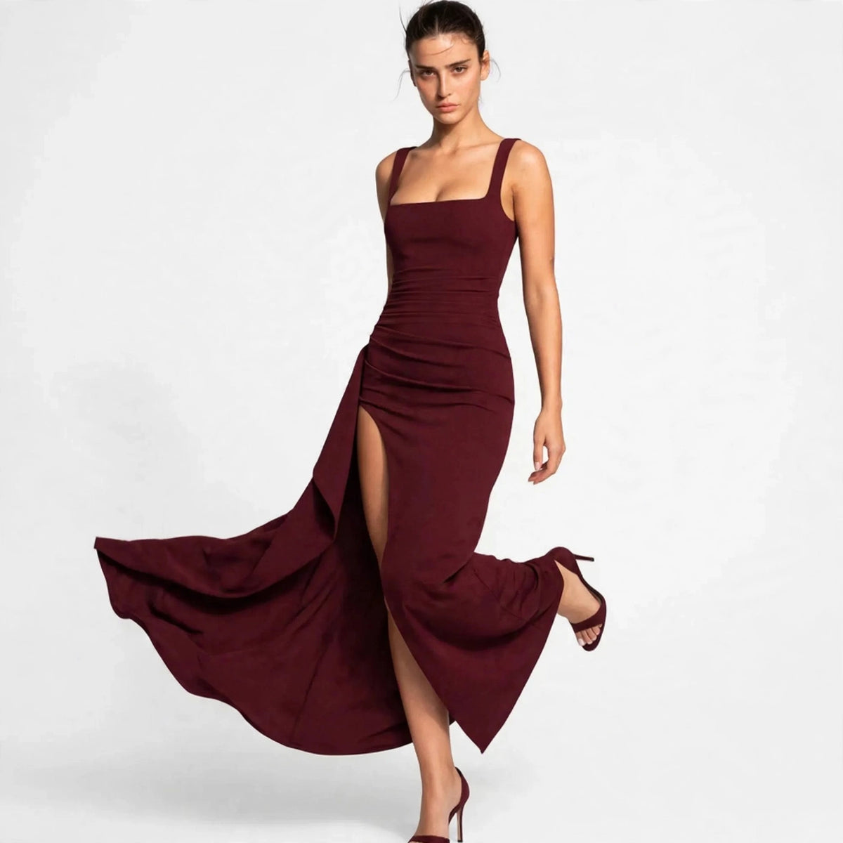 burgundy ruched high slit maxi dress – front view