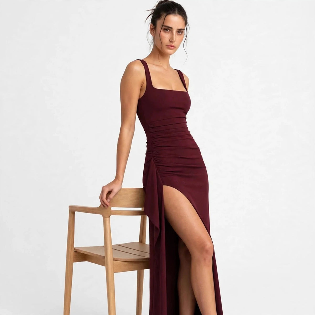 burgundy ruched high slit maxi dress – front view