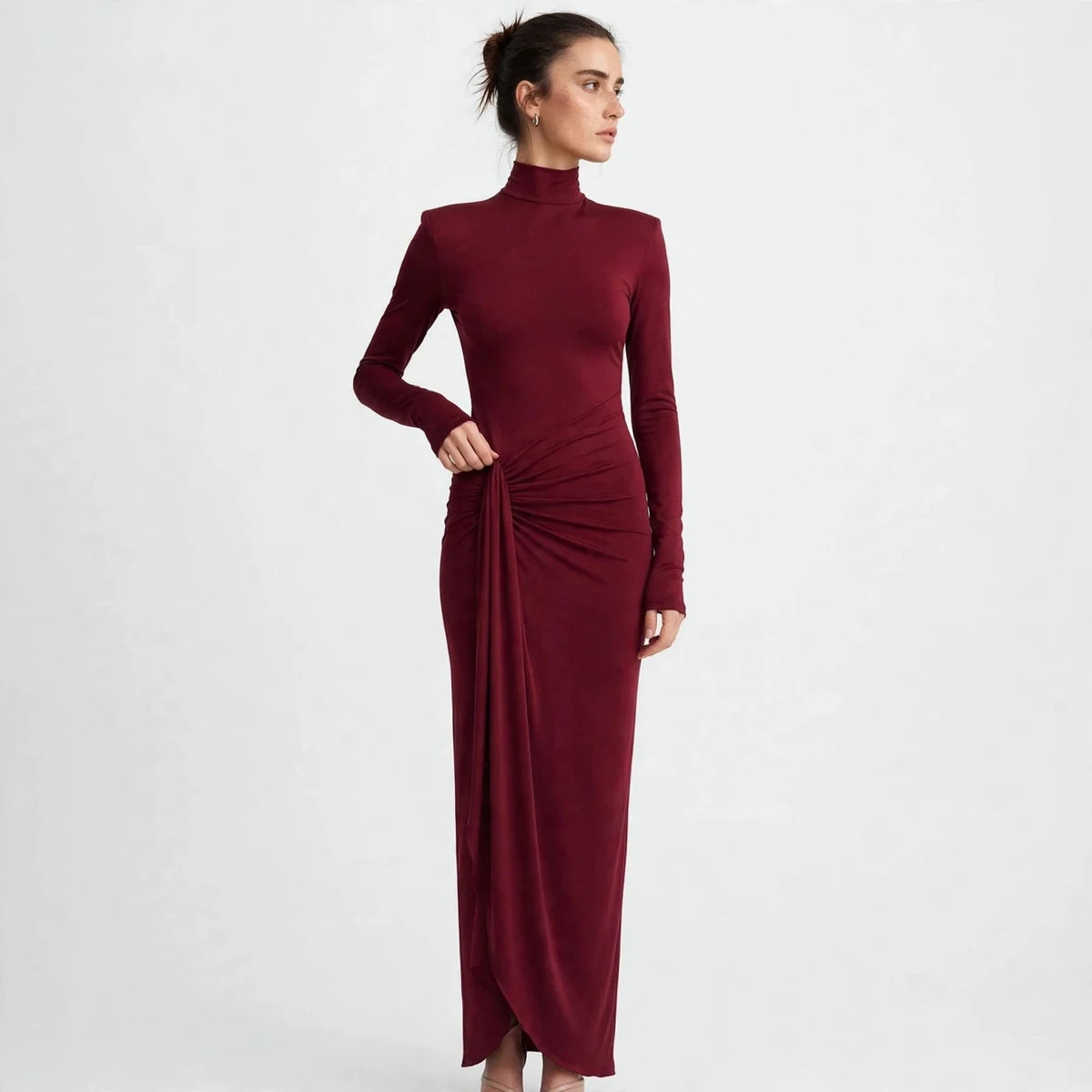 burgundy turtleneck long sleeve maxi dress – back view