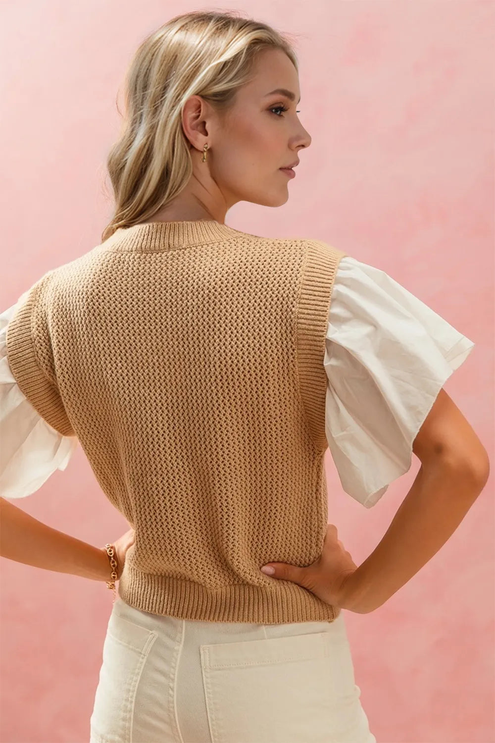 Camel ruffled short sleeve top – front view