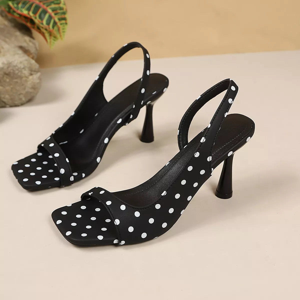 Polka dot open toe flare heel sandals for women