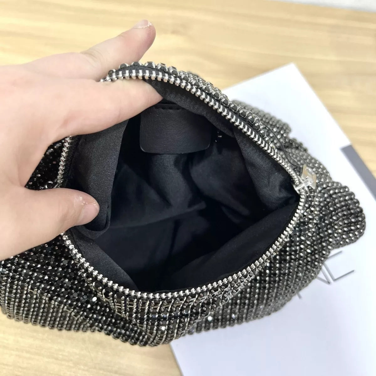 Sparkling rhinestone handbag side view