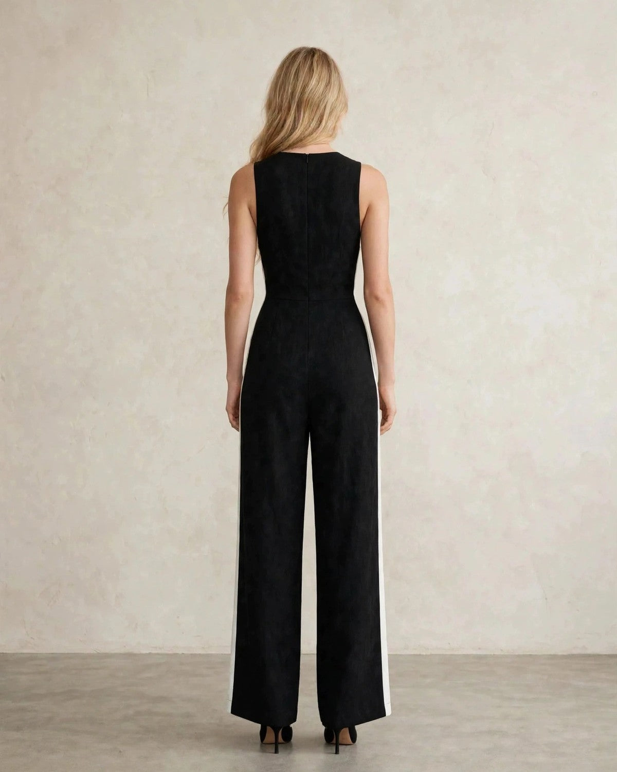 Women's contrast trim sleeveless jumpsuit in black with white trim, back view