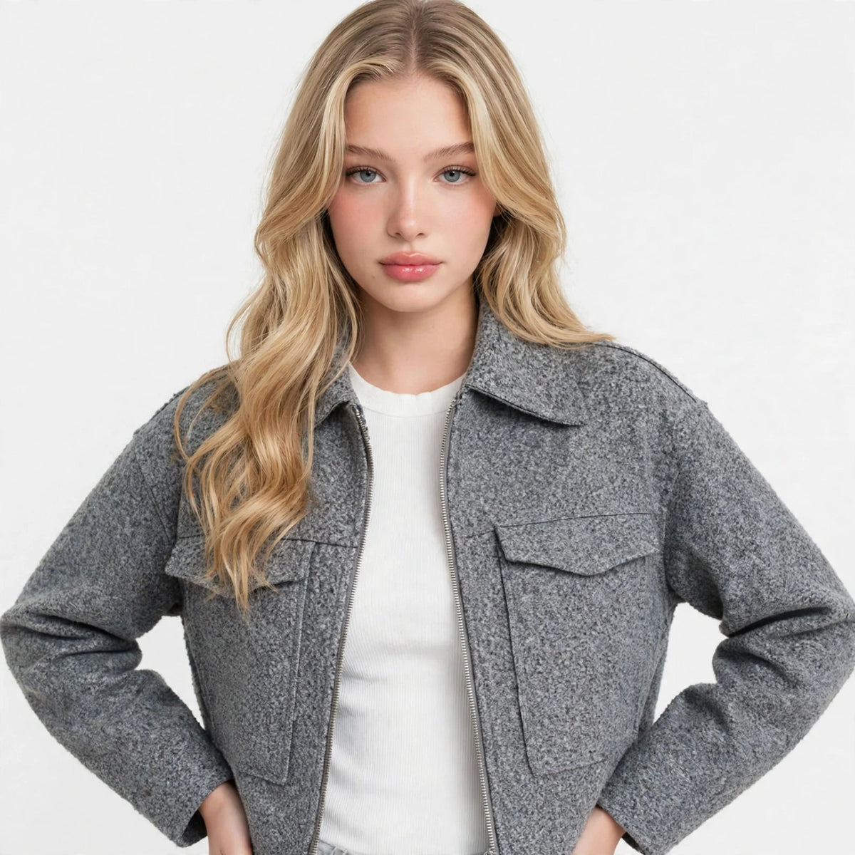 Cropped Zip Jacket in Gray – front view