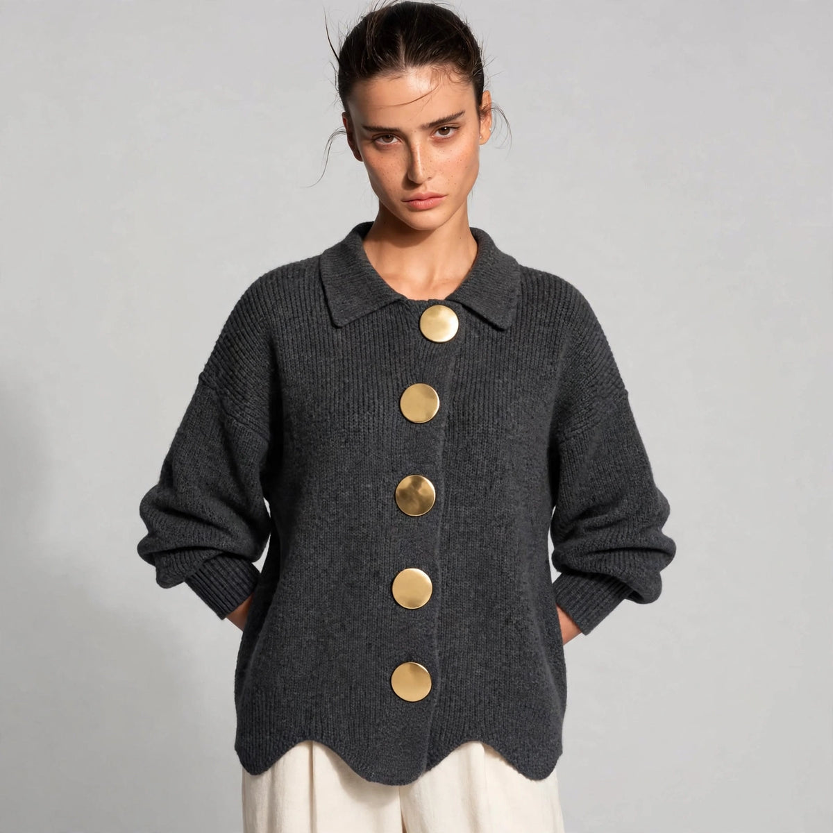 dark gray gold button lantern sleeve cardigan – front view 2