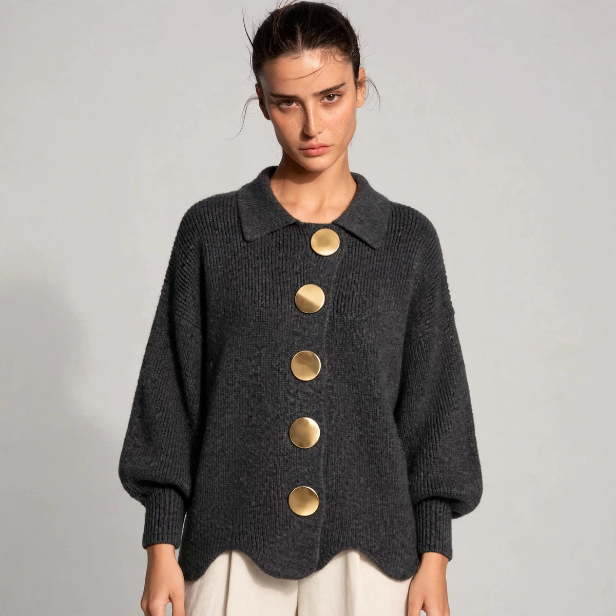 dark gray gold button lantern sleeve cardigan – front view 3