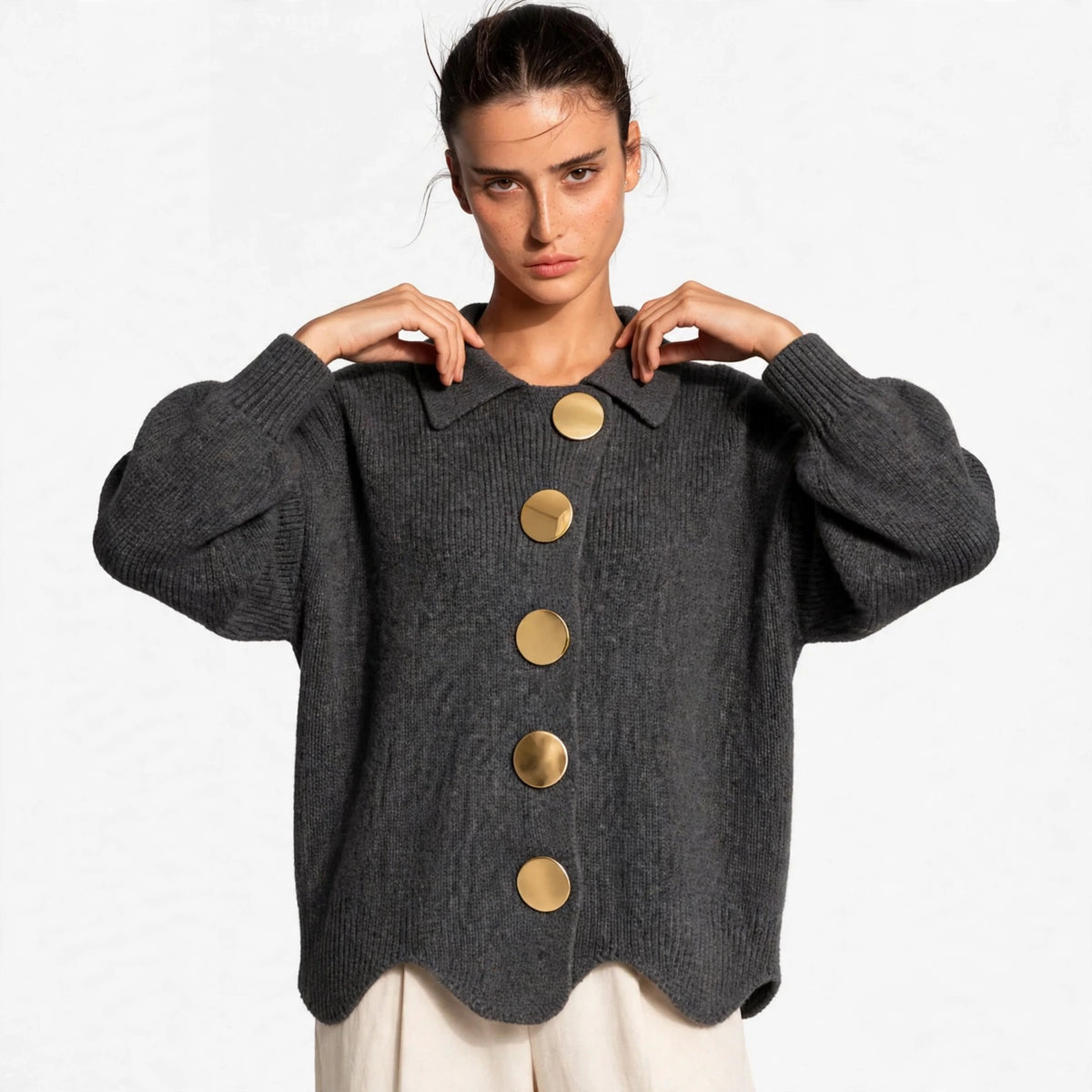 dark gray gold button lantern sleeve cardigan – front view 4