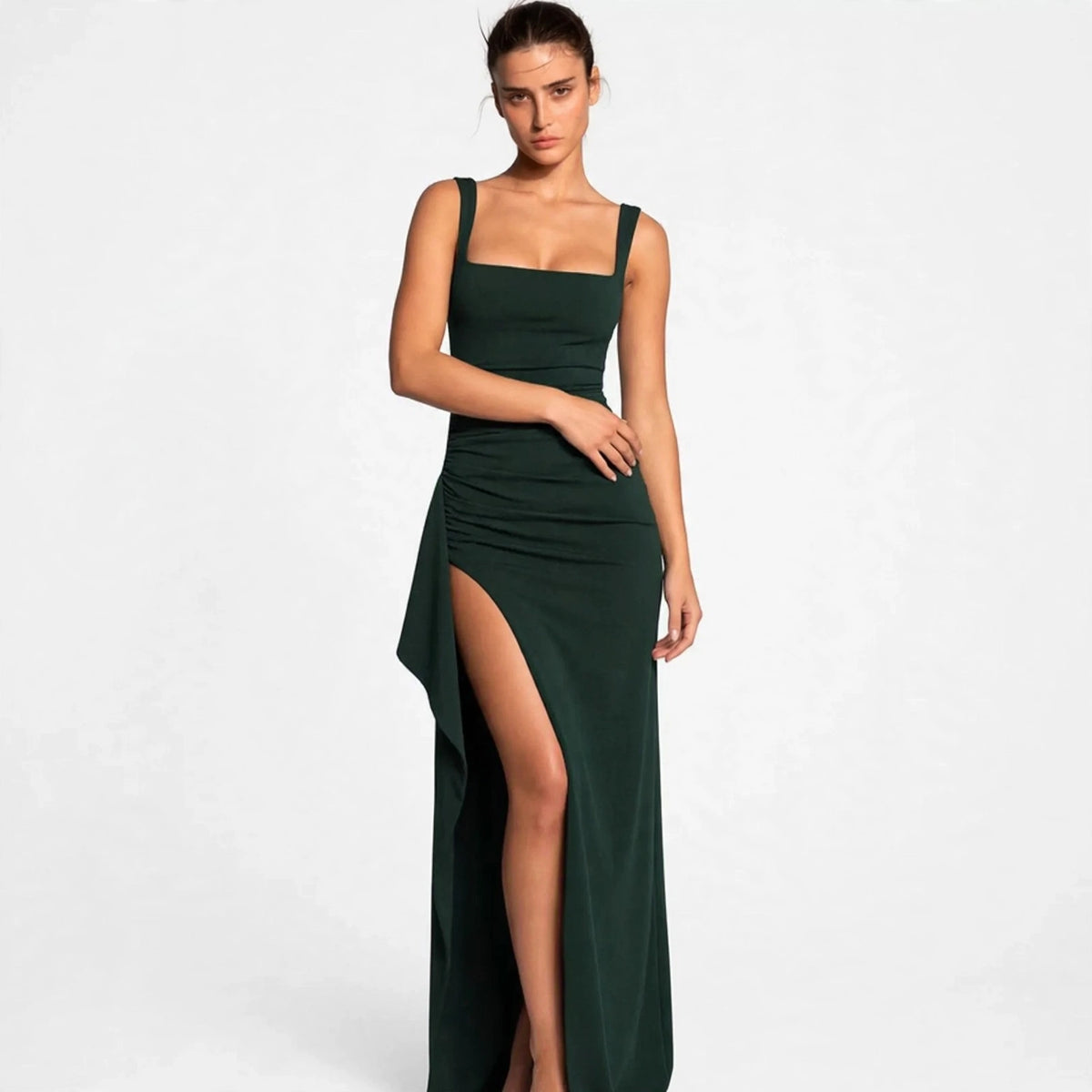 dark green ruched high slit maxi dress – front view, hand on hip