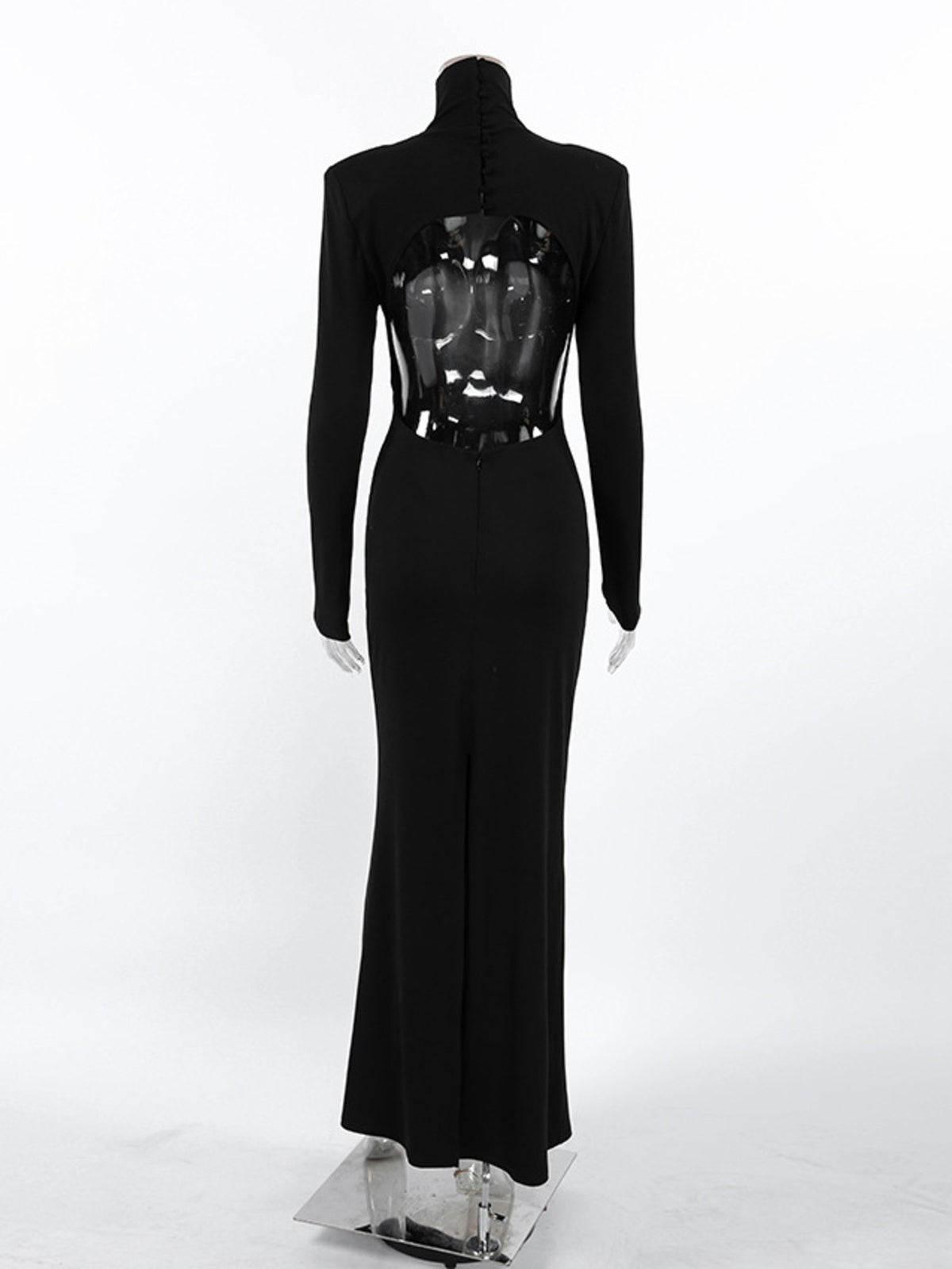 Back view of black bodycon maxi dress on mannequin showing open back