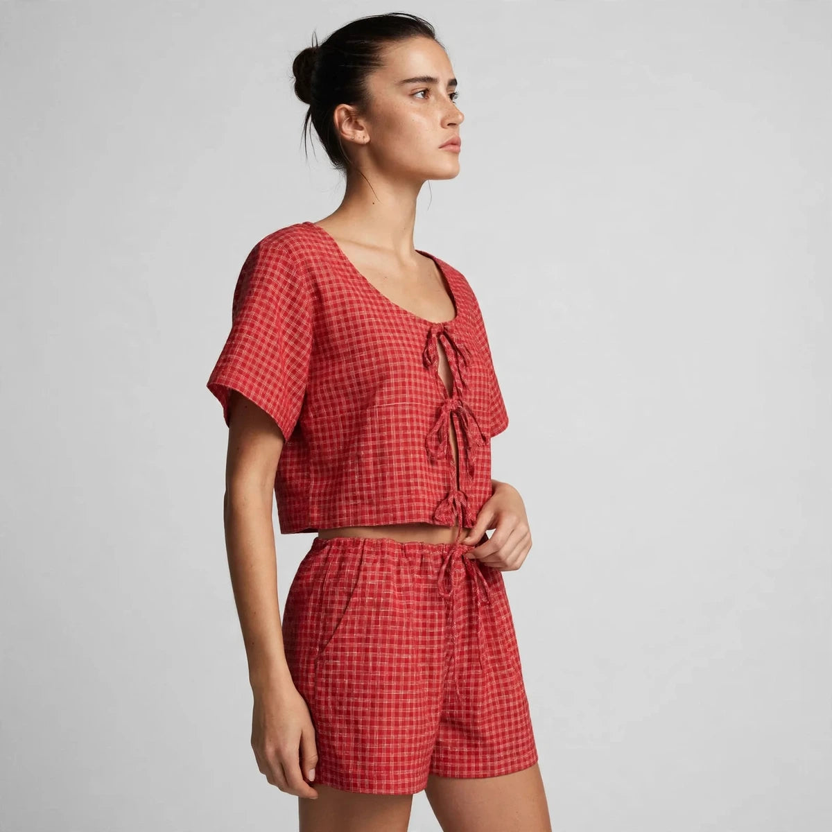 deep red plaid tied scoop neck short sleeve top and drawstring shorts set – side view