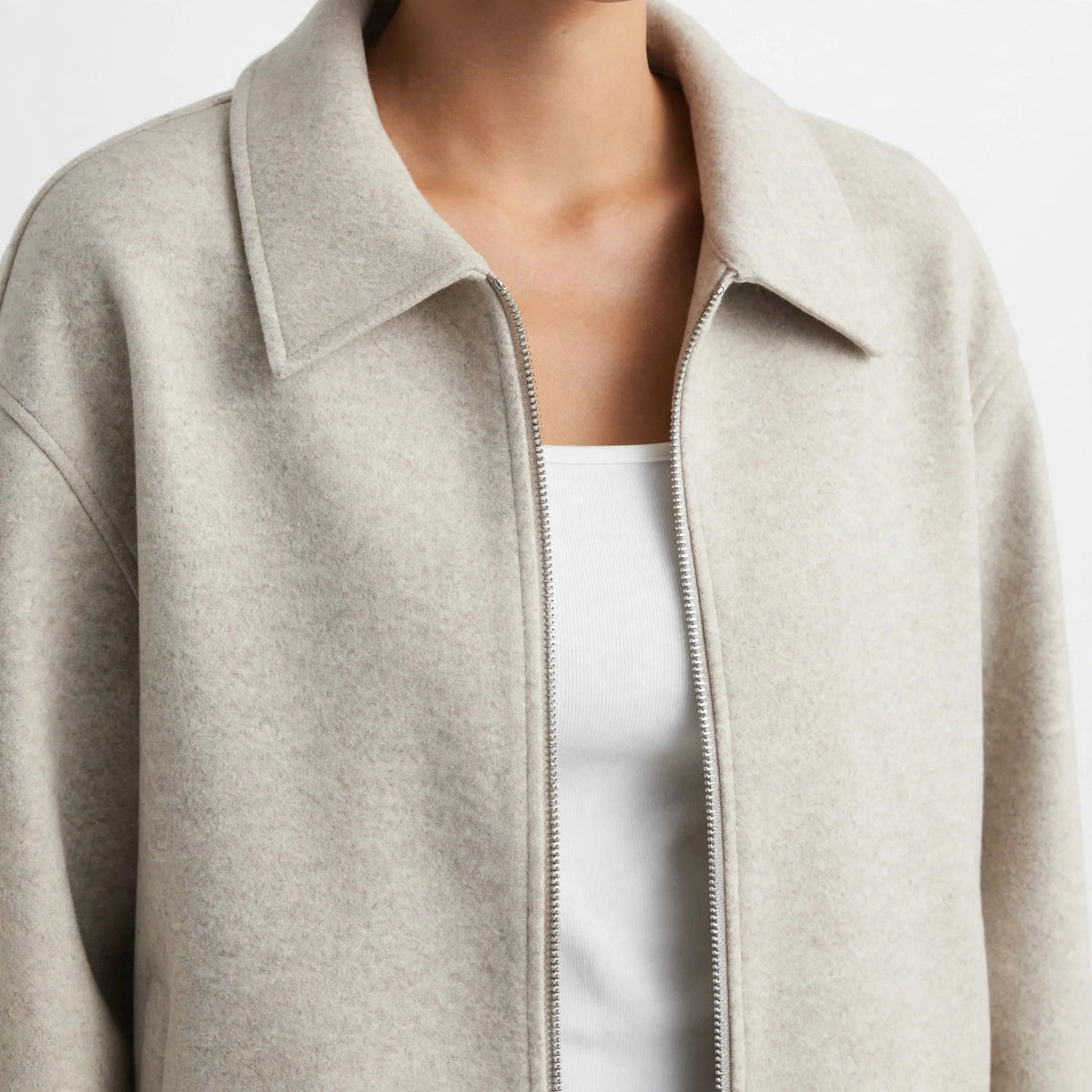Dropped Shoulder Jacket in Beige – collar close-up