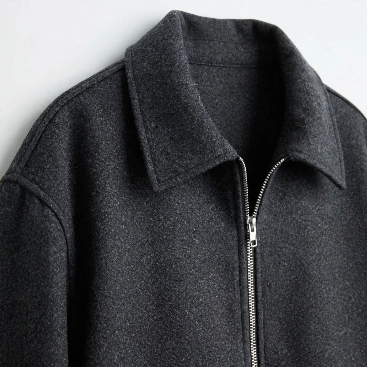 Dropped Shoulder Jacket in Dark Gray – collar close-up