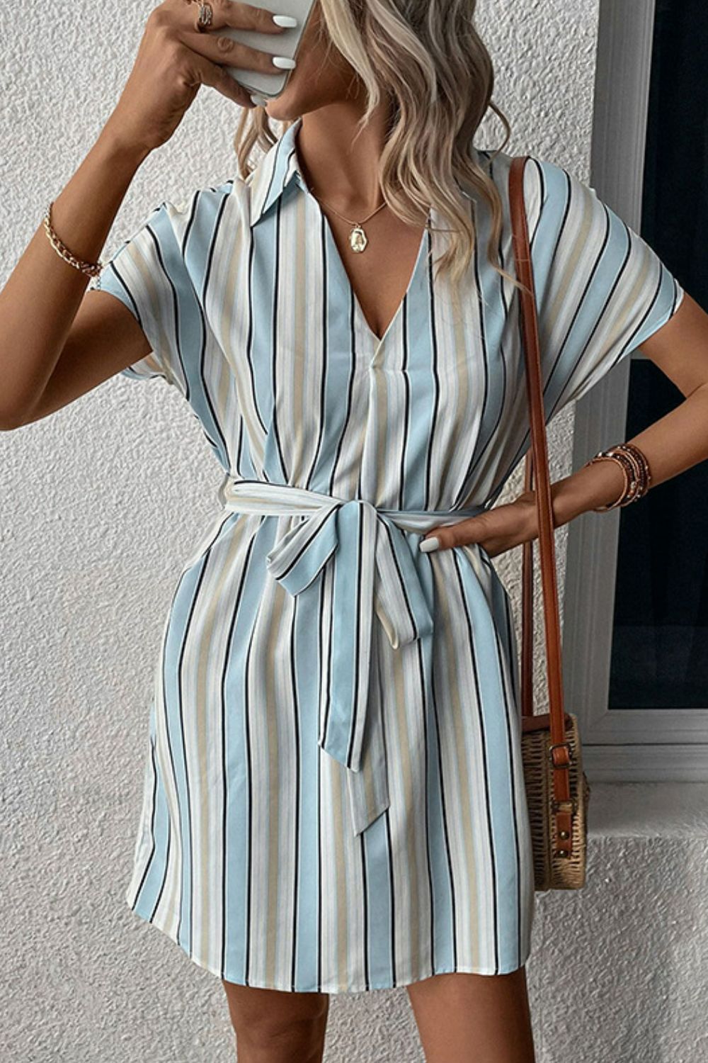 Tie waist striped dress – styling view