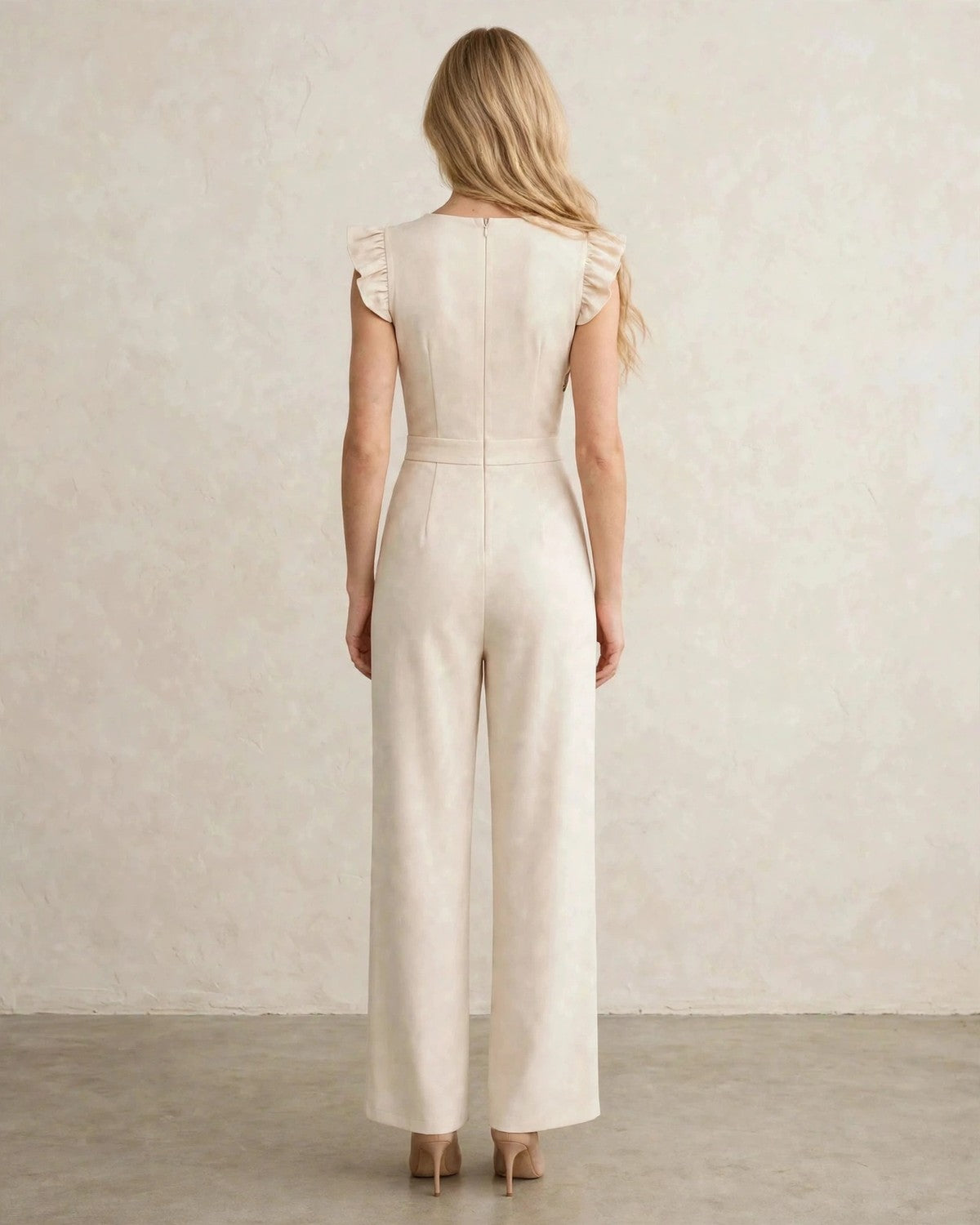 Women's floral ruffle wide-leg jumpsuit in Beige, back view