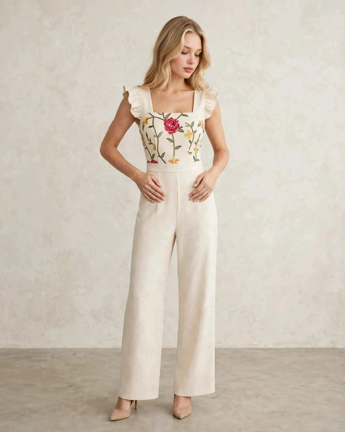 Women's floral ruffle wide-leg jumpsuit in Beige, relaxed front pose