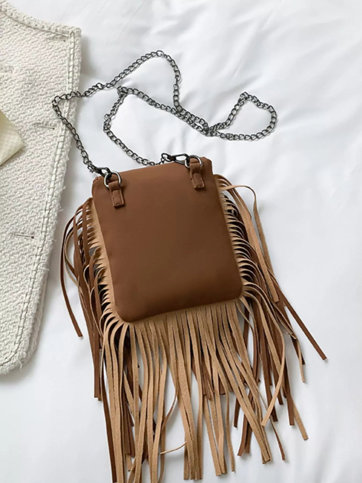 Fringe rivet mini crossbody bag silhouette | Orleve