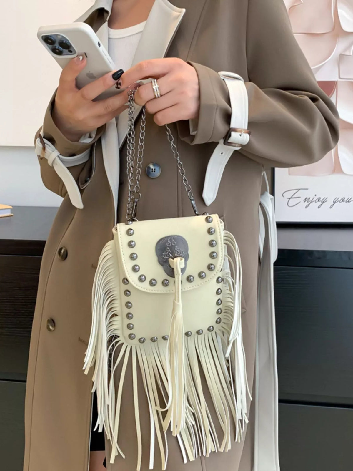 Fringe rivet mini crossbody bag side view | Orleve