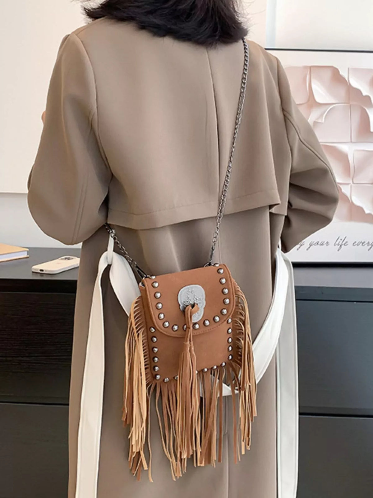 Fringe rivet mini crossbody bag close view | Orleve