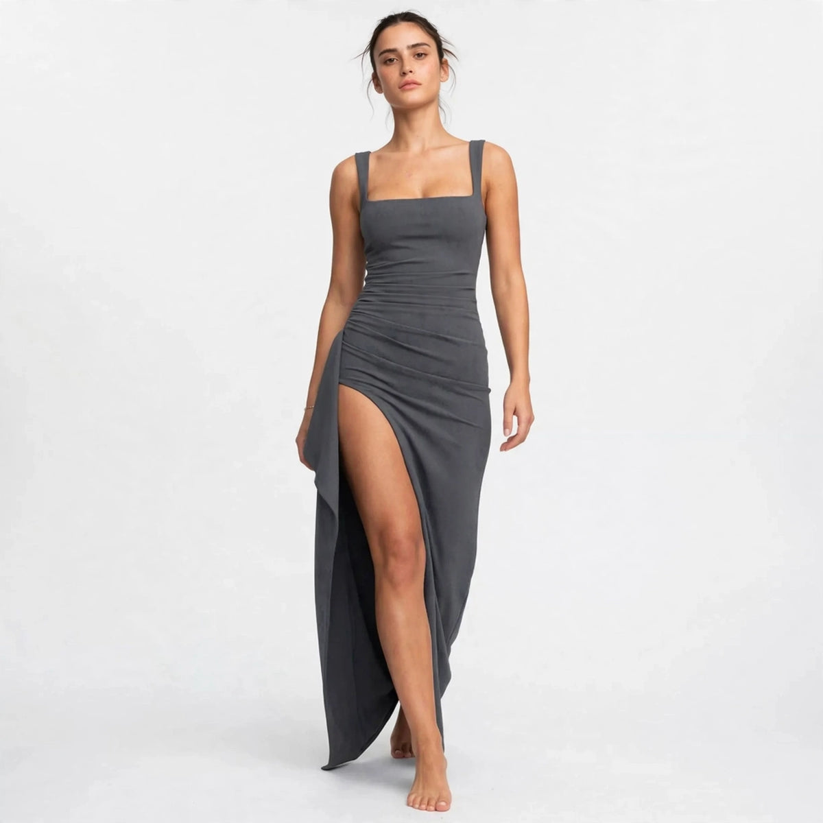 gray ruched high slit maxi dress – front view, walking pose