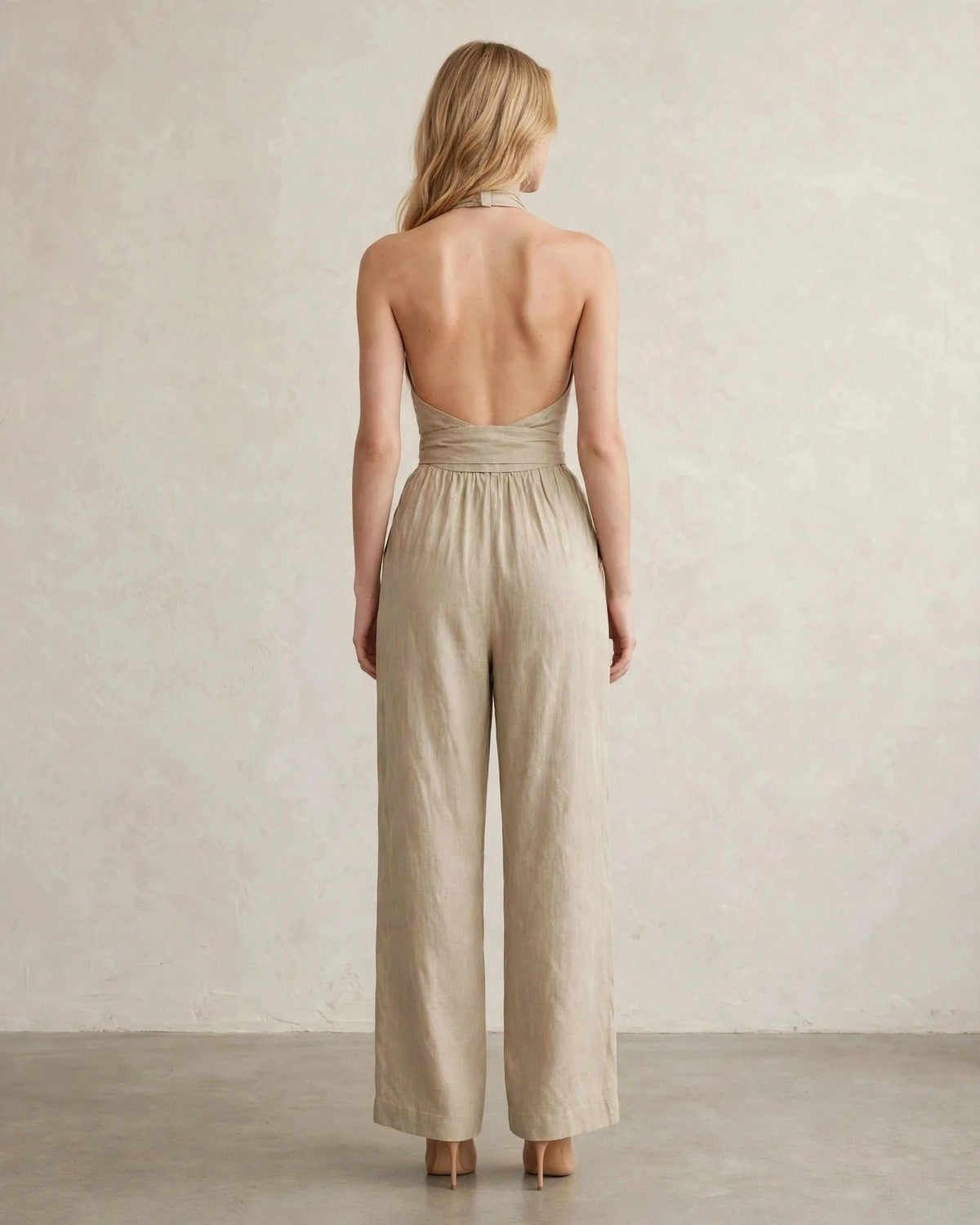 Women's halter neck wide-leg jumpsuit with waist tie in Khaki, back view