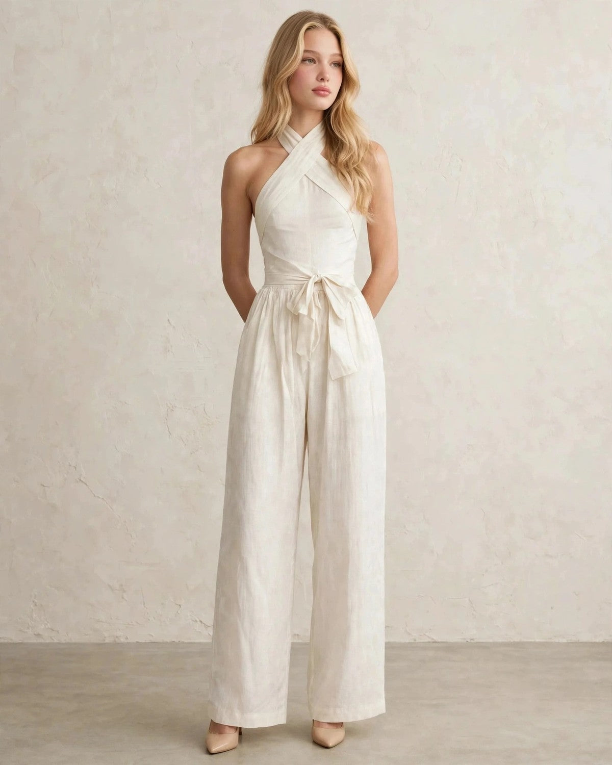 Women's halter neck wide-leg jumpsuit with waist tie in Milky White, front view