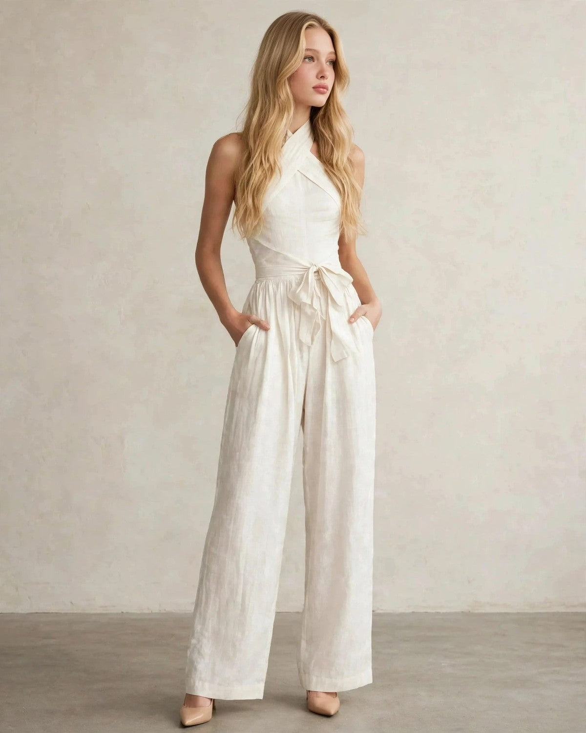 Women's halter neck wide-leg jumpsuit with waist tie in Milky White, relaxed front pose