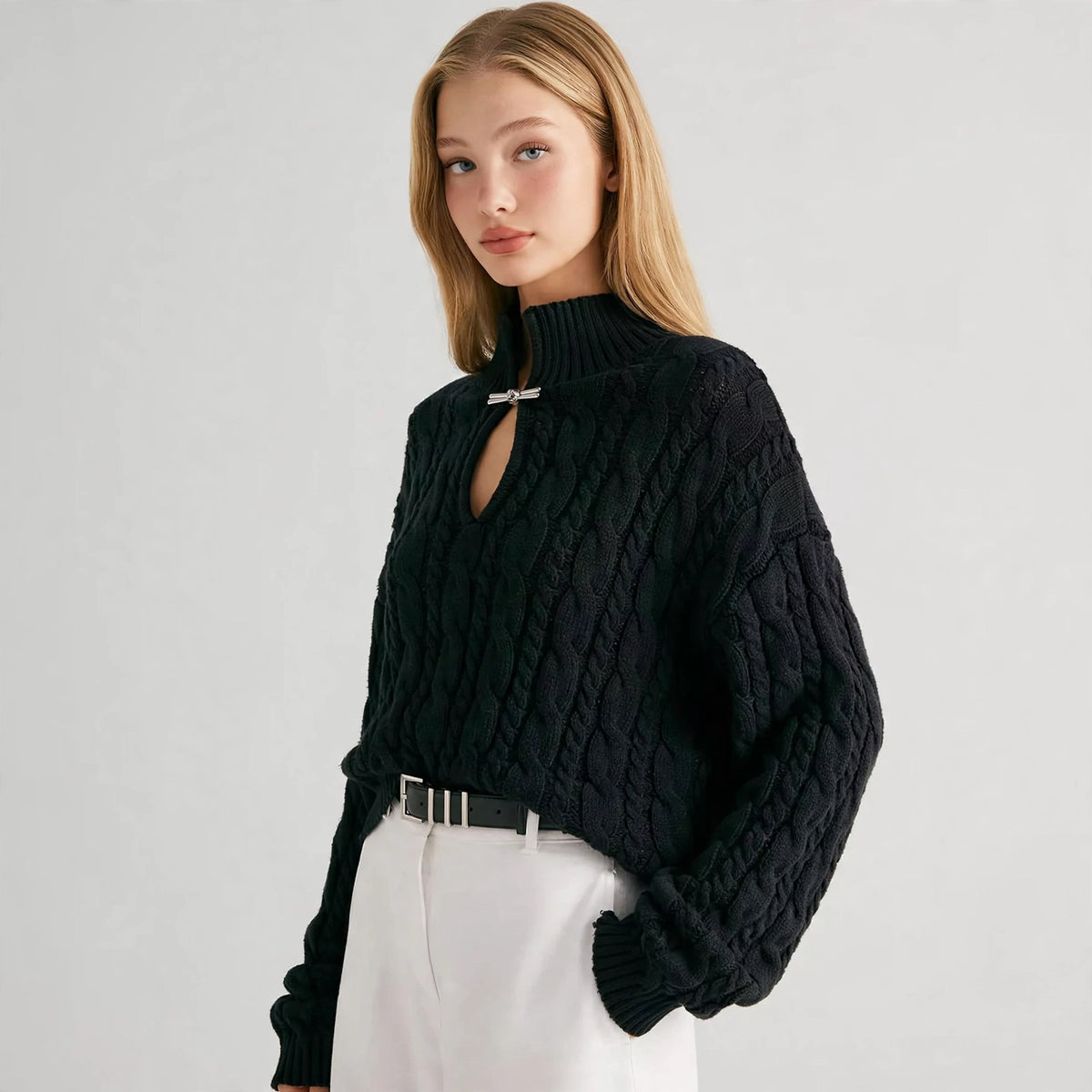Cable-Knit Keyhole Sweater in Black – side view
