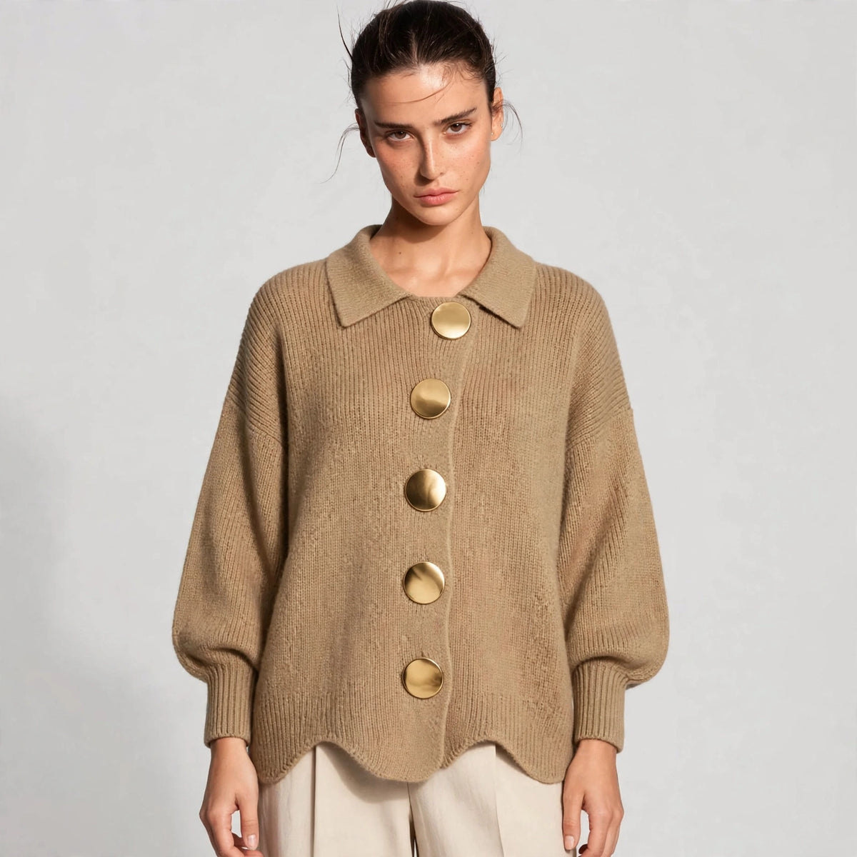 khaki gold button lantern sleeve cardigan – front view 2