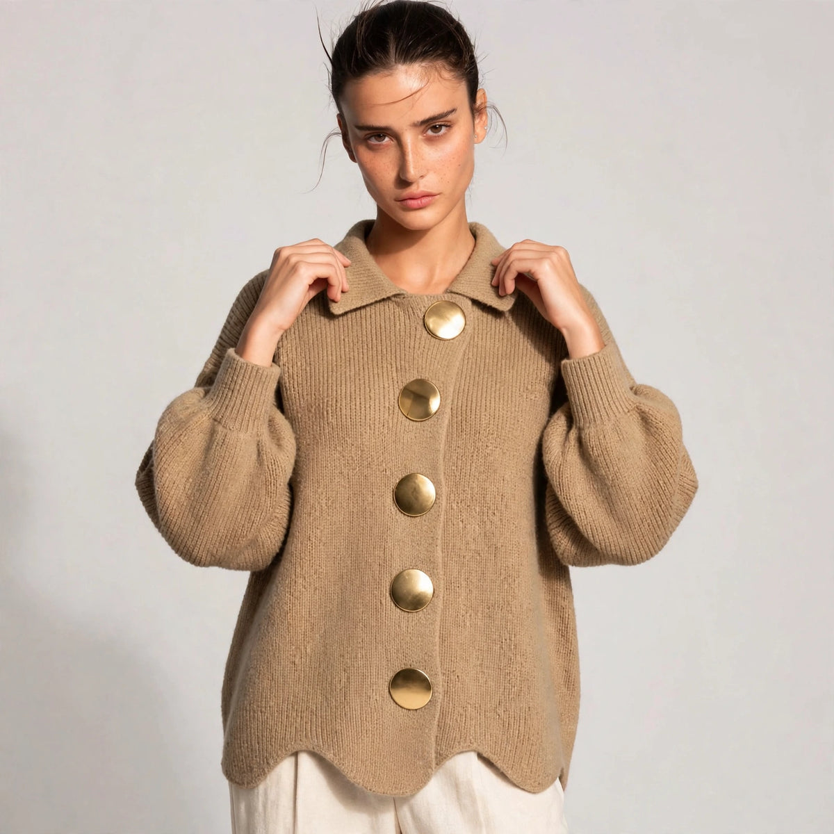 khaki gold button lantern sleeve cardigan – front view 3