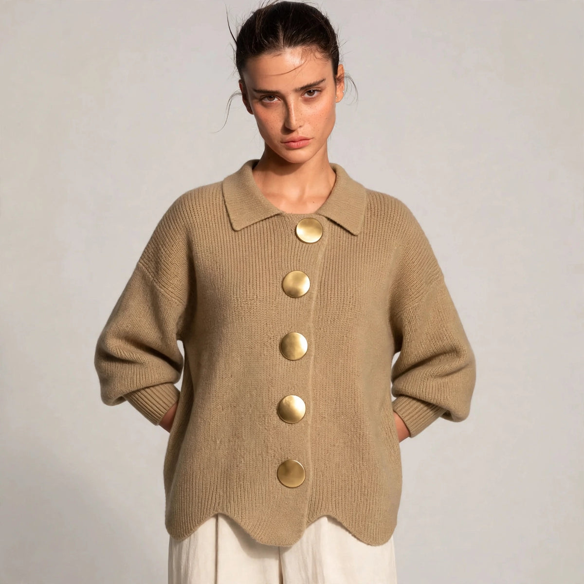 khaki gold button lantern sleeve cardigan – front view 4