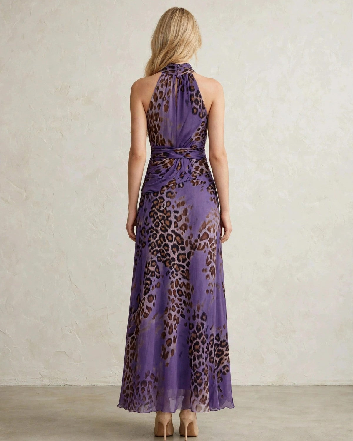 Women's leopard print halter maxi dress in purple, back view