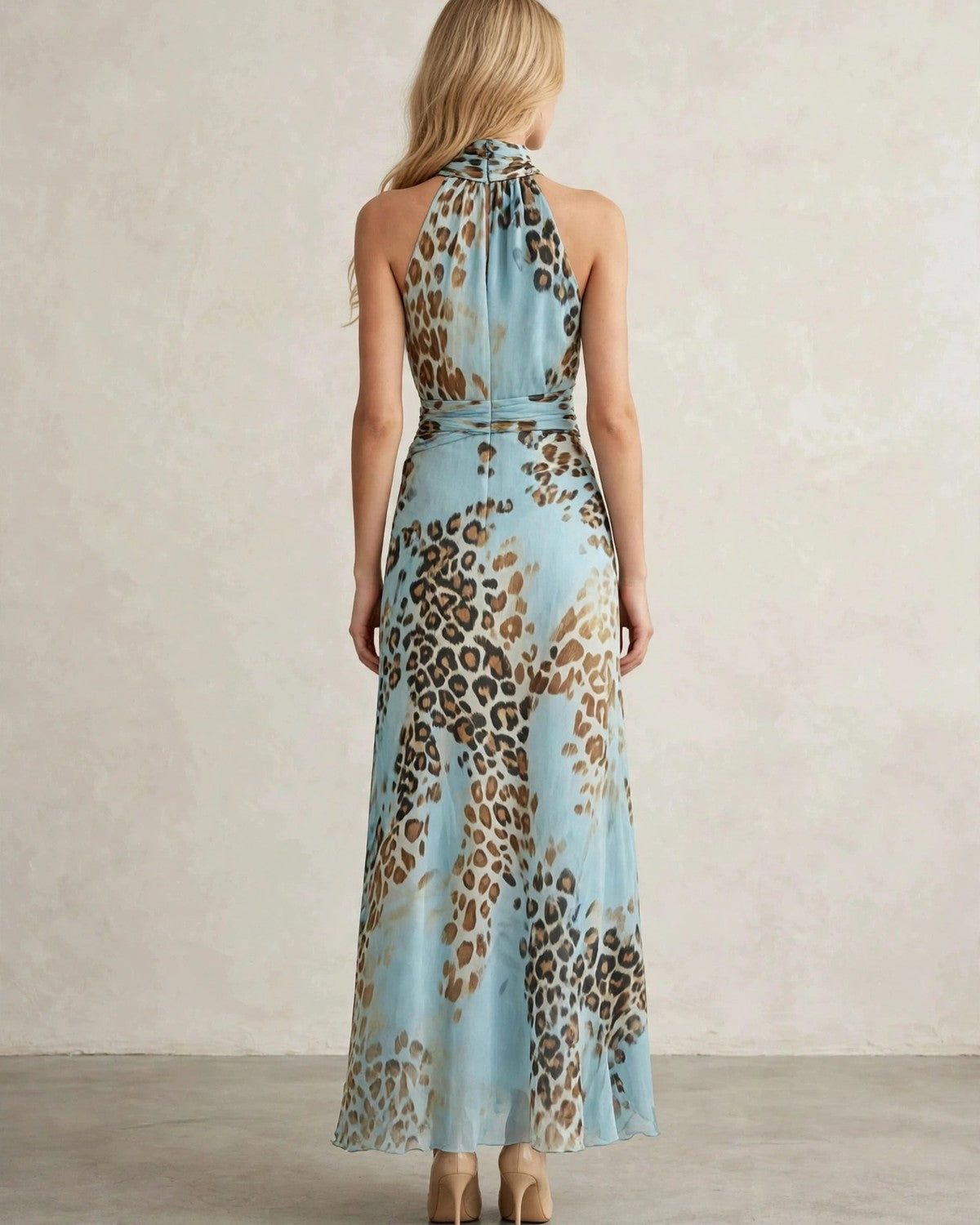 Women's leopard print halter maxi dress in sky blue, back view