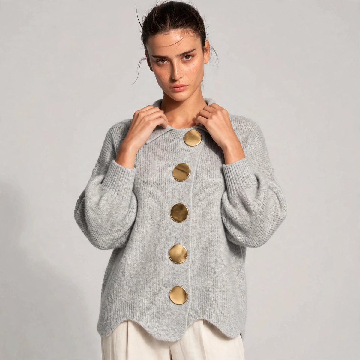 light gray gold button lantern sleeve cardigan – front view 2