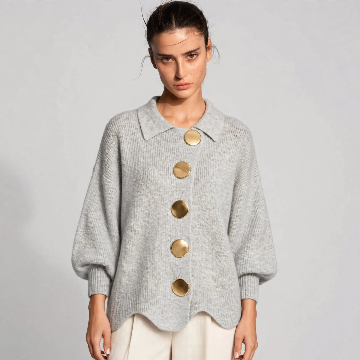 light gray gold button lantern sleeve cardigan – front view 3