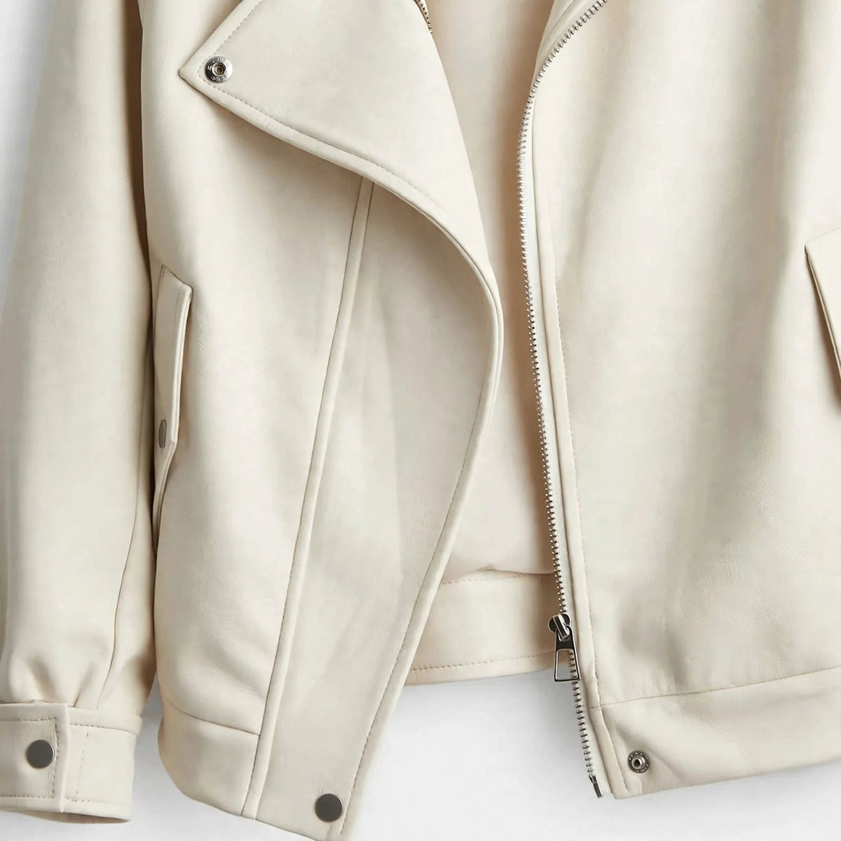 Moto Zip Jacket in Ivory - front closure detail