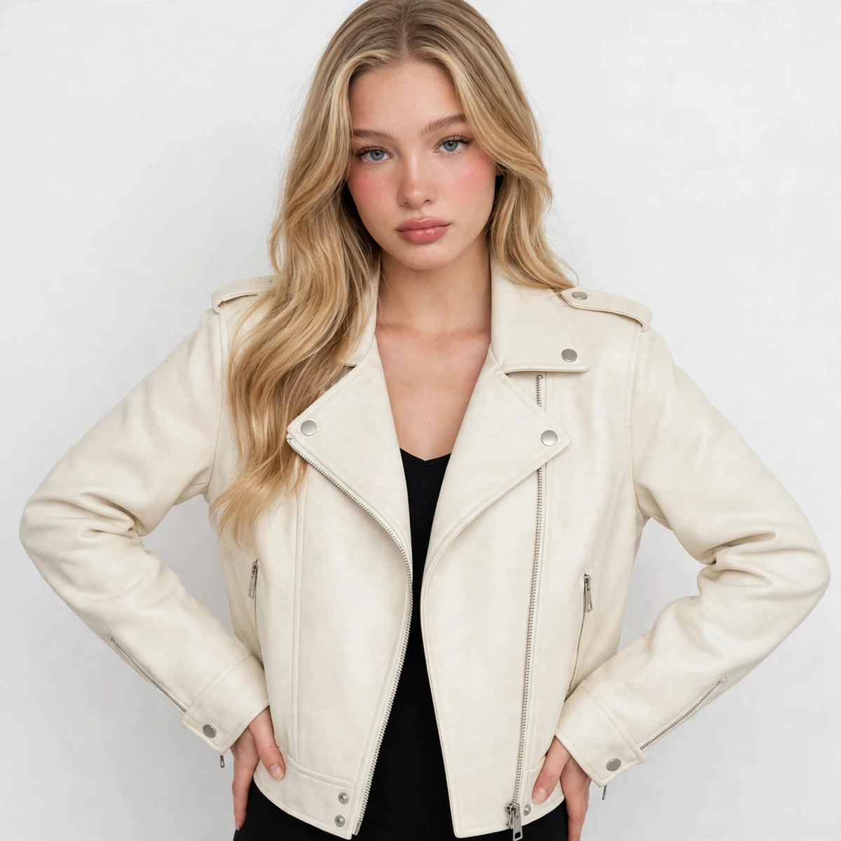 Moto Zip Jacket in Ivory - front view