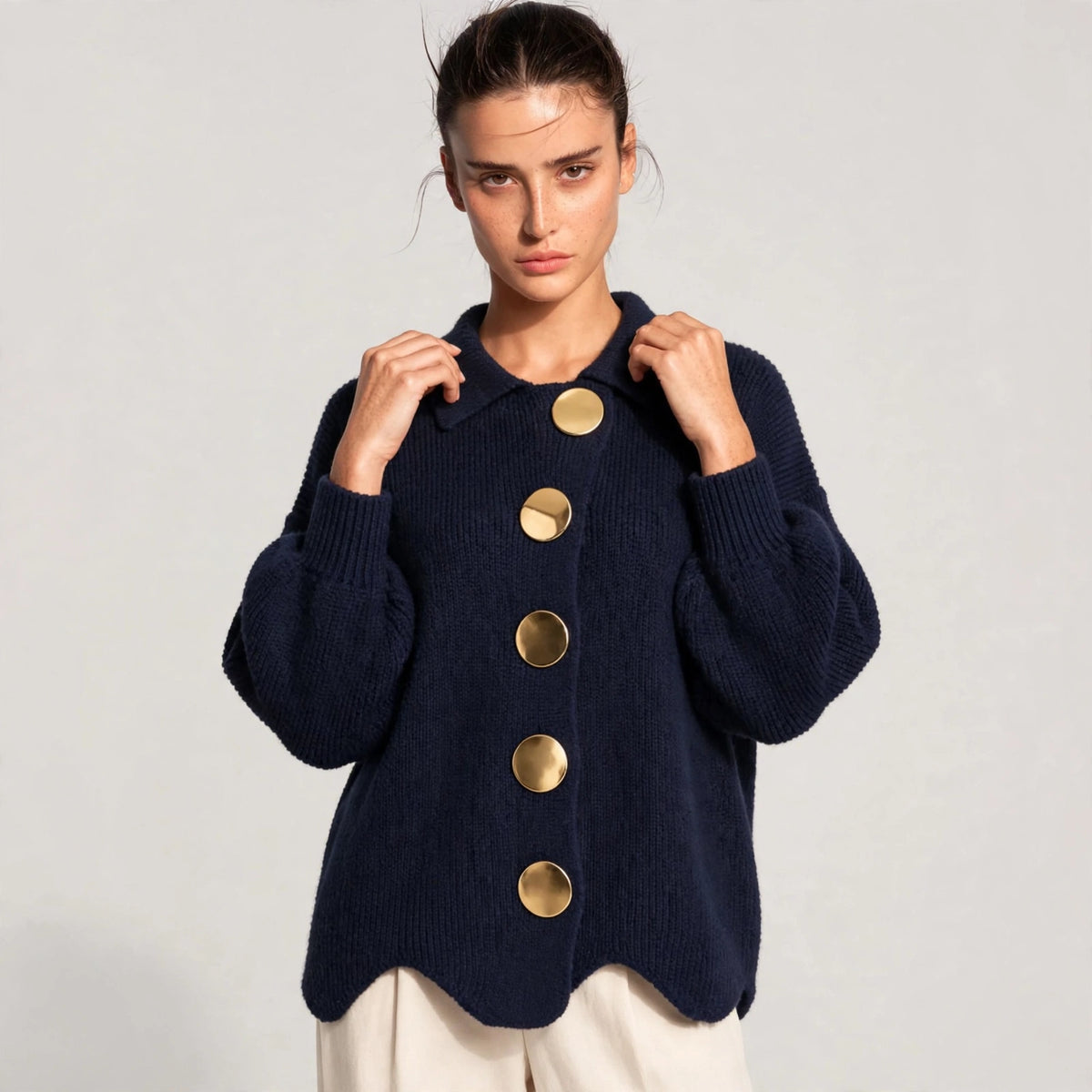 navy gold button lantern sleeve cardigan – front view 2