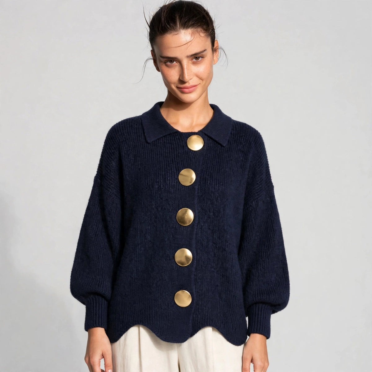 navy gold button lantern sleeve cardigan – front view 3