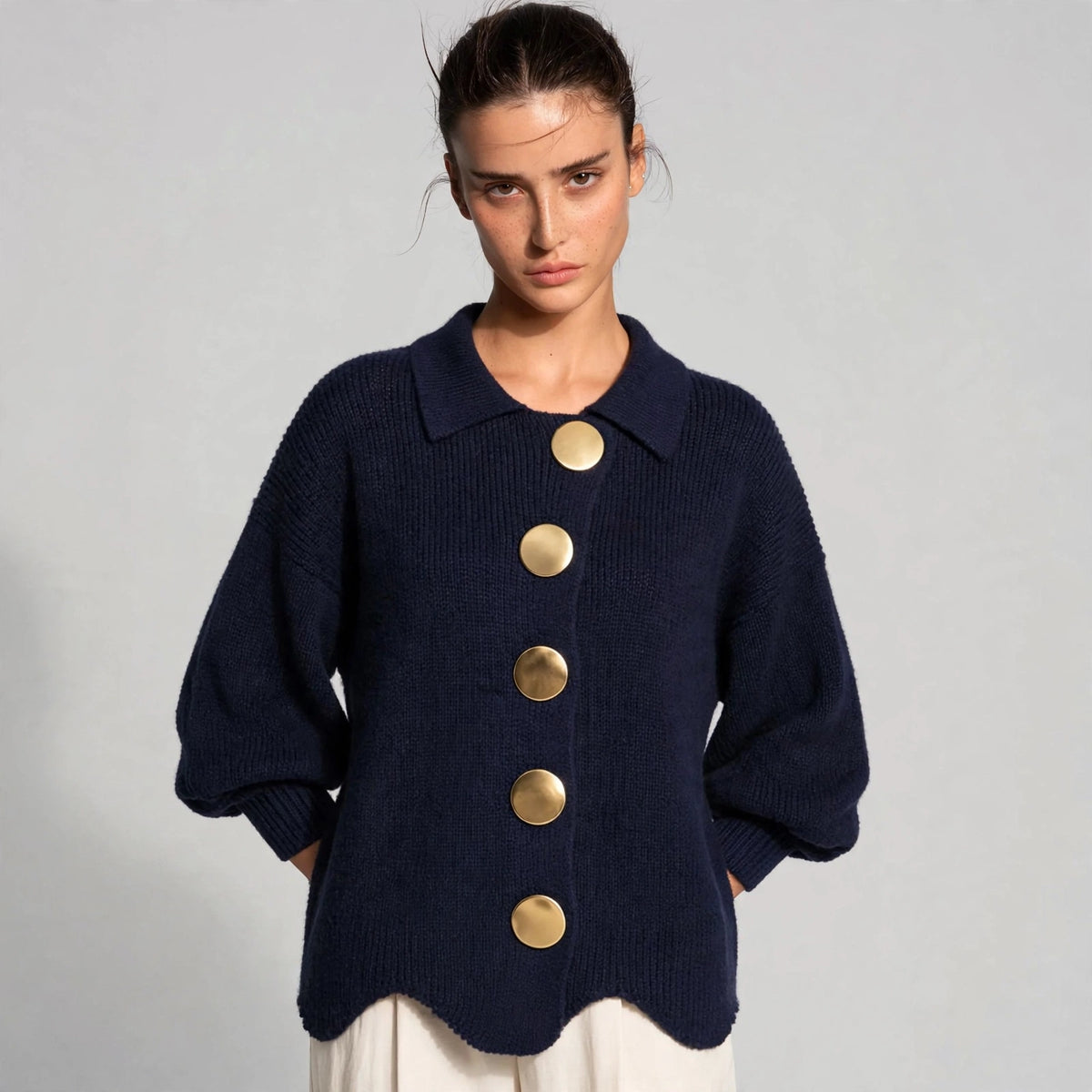navy gold button lantern sleeve cardigan – front view 4