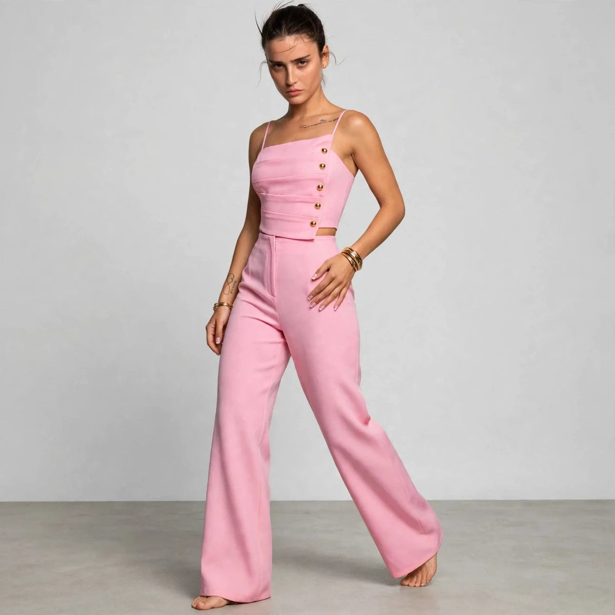 pink decorative button smocked back cami and wide leg pants set – model editorial view