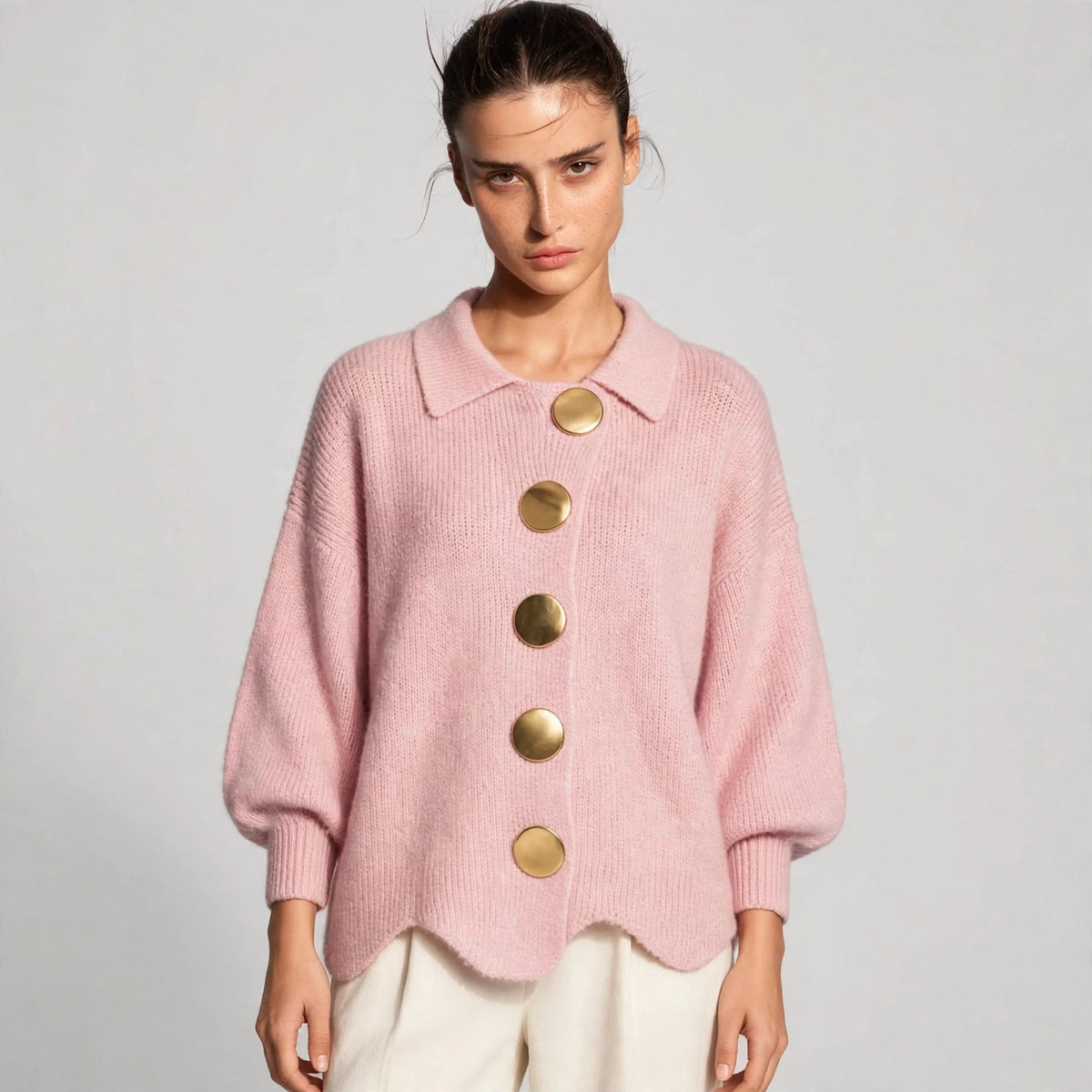 pink gold button lantern sleeve cardigan – front view 2