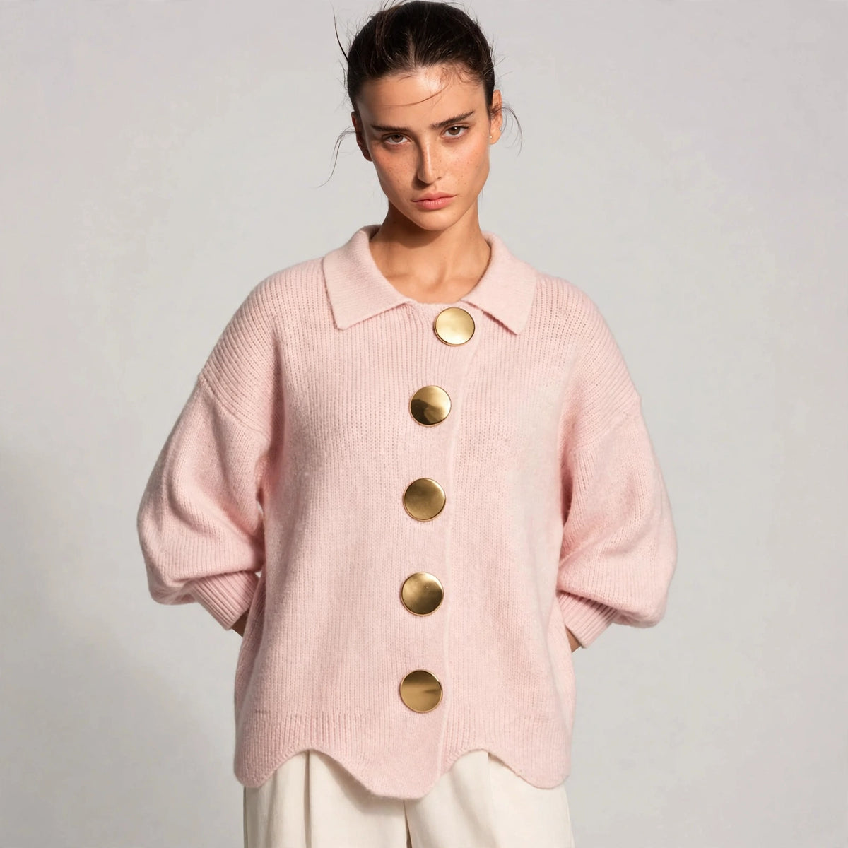 pink gold button lantern sleeve cardigan – front view 3