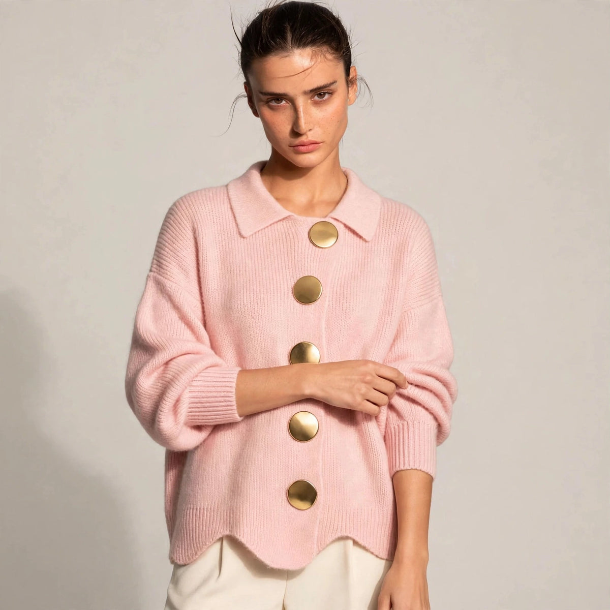 pink gold button lantern sleeve cardigan – front view 4