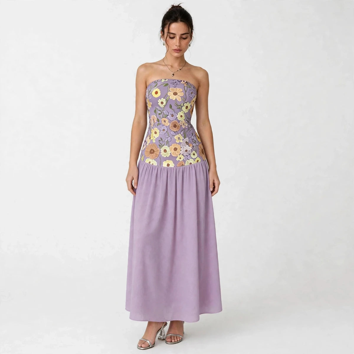 pink purple floral embroidered tube maxi dress – front view on white background