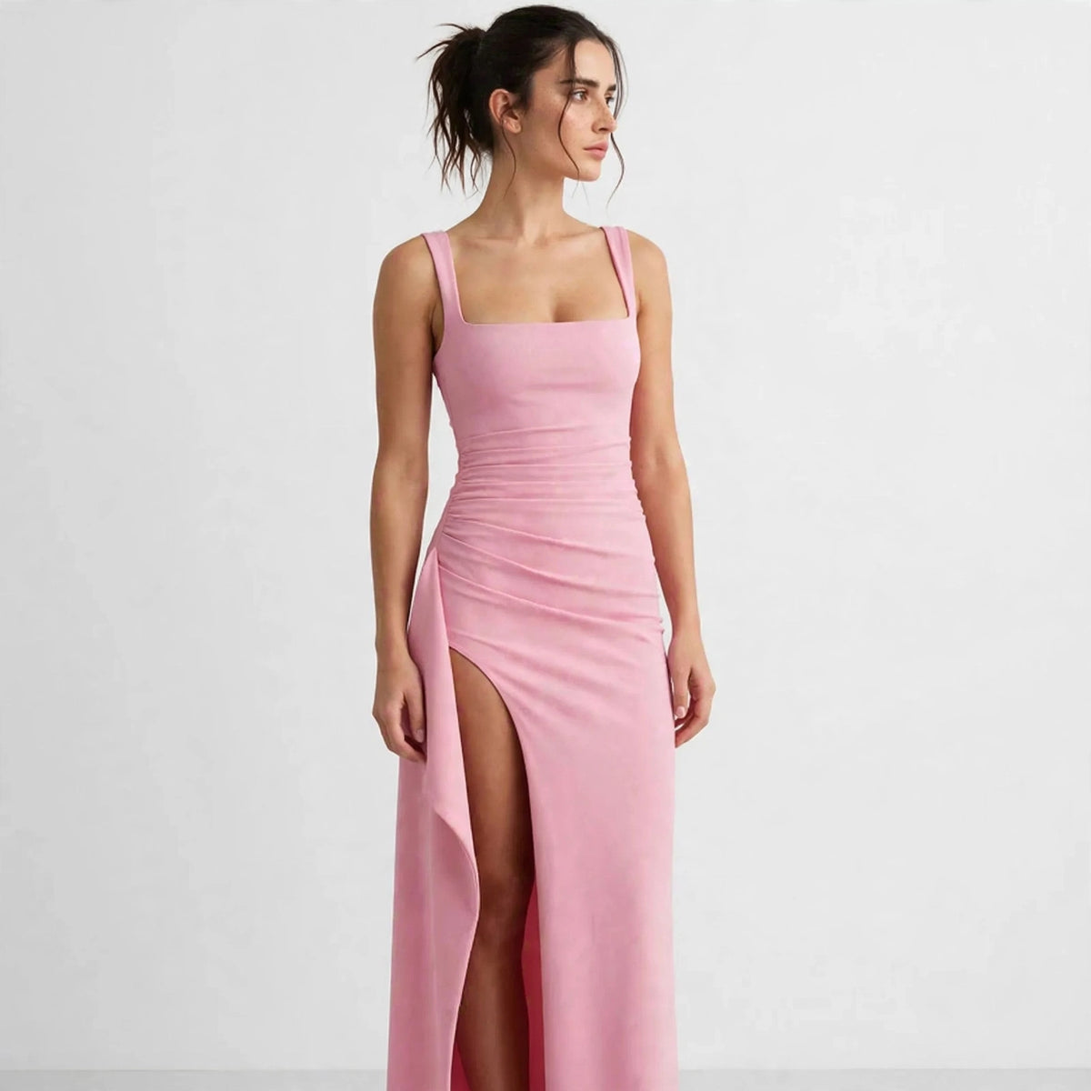 pink ruched high slit maxi dress – three-quarter view