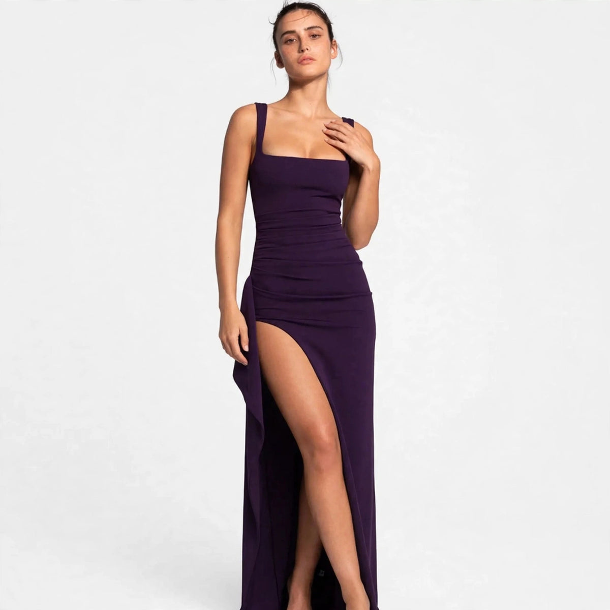purple ruched high slit maxi dress – front view, hand on chest