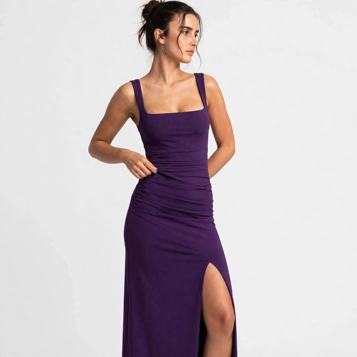 purple ruched high slit maxi dress – side view