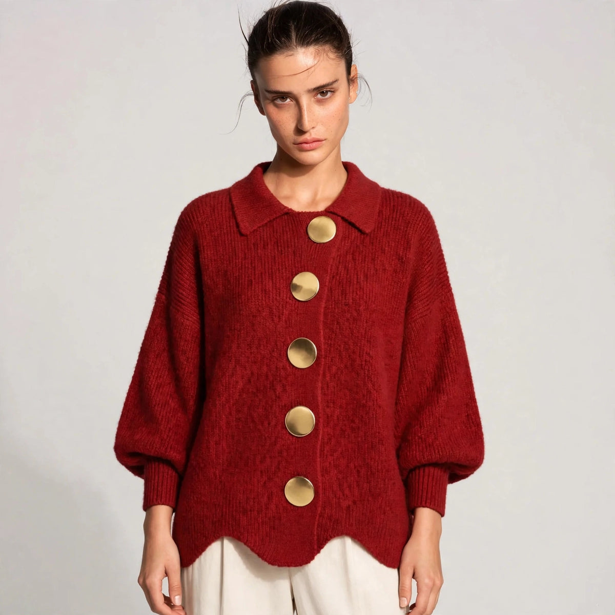 red gold button lantern sleeve cardigan – front view 2