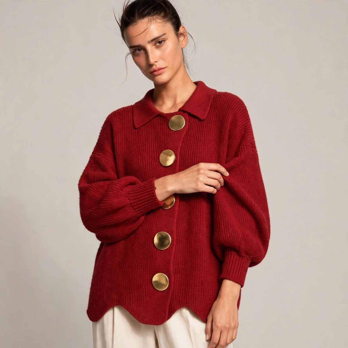 red gold button lantern sleeve cardigan – front view 4