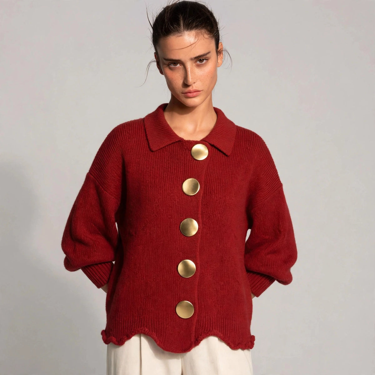red gold button lantern sleeve cardigan – front view
